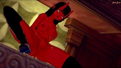 Meru the Succubus thumbs her pussy while sitting on a desk.