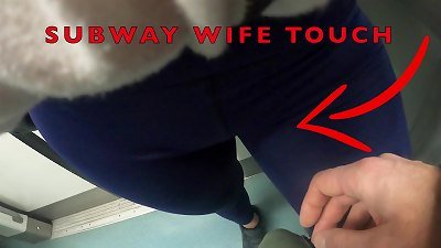 My wifey Let aged Unknown guy to paw her pussy Lips Over her latex stretch pants in Subway