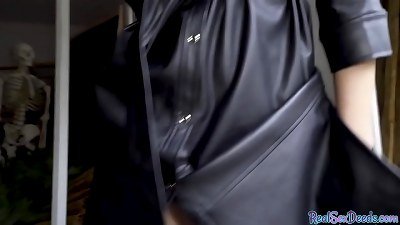 pov stunner in leather penetrated for cash after outdoor demonstrating