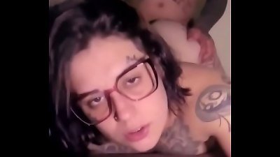 nerd girl in glasses tearing up in rear end posture