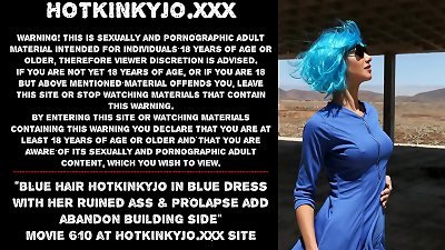 Blue hair Hotkinkyjo in blue sundress fisting her destroyed donk & prolapse add abandon house side