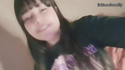 teenage lady teases showing her sweet little snatch and then plows with a dildo