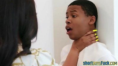 chubby black babe spitroasted by little men in three-way