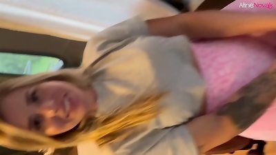 blonde performs fetish on the bus, gives deep throat in the driver's seat and swallows everything - Aline Novak