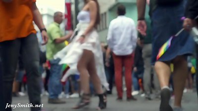 panic City - Jeny Smith walks in public in transparent sundress without undies