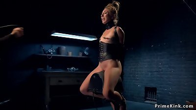 blond slave on sybian saddle gets lashed