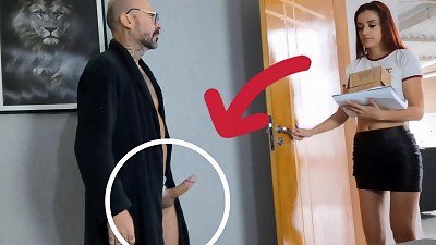 perverted grandpa receives delivery gal with her boner out!